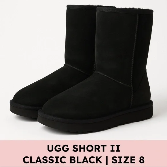 UGG Classic Short II Suede Shearling Boots Black Cozycore Size 8 - Picture 1 of 13